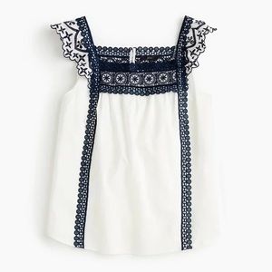 J. Crew White and Navy Embroidered Blouse